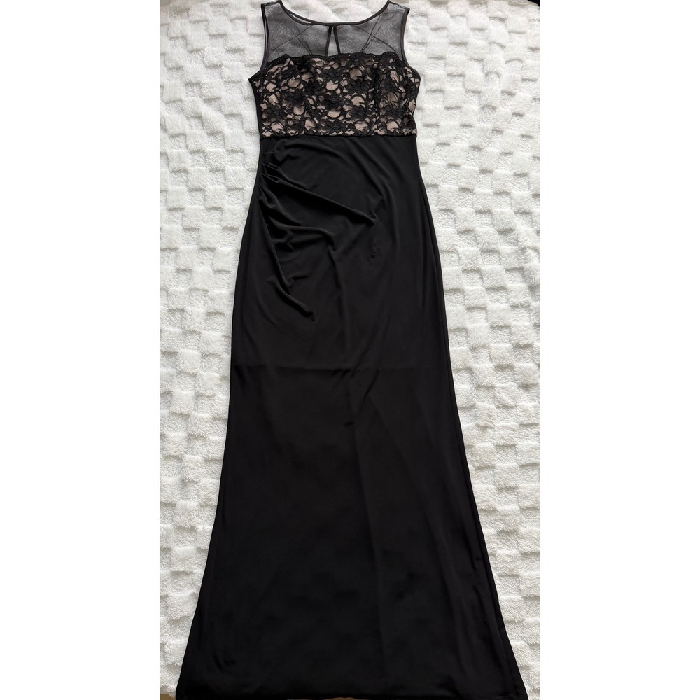 Eliza J Womens Black Lace Mesh Yoke Ruched High Low Formal Gown Size 6 - EUC